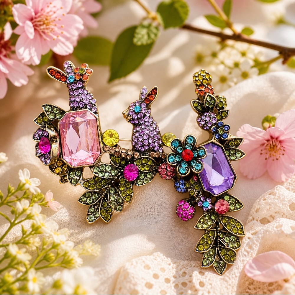 Vintage Style Multicolor Rhinestone Bunny Garden Brooch